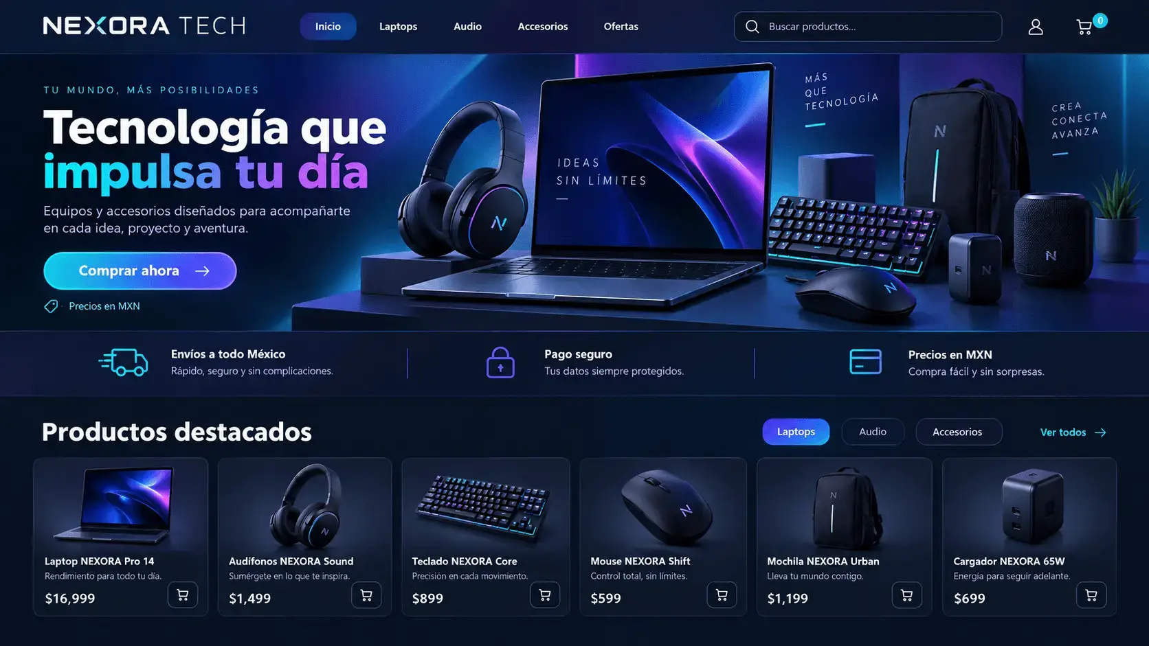 Ejemplo visual de una tienda en línea con catálogo y carrito